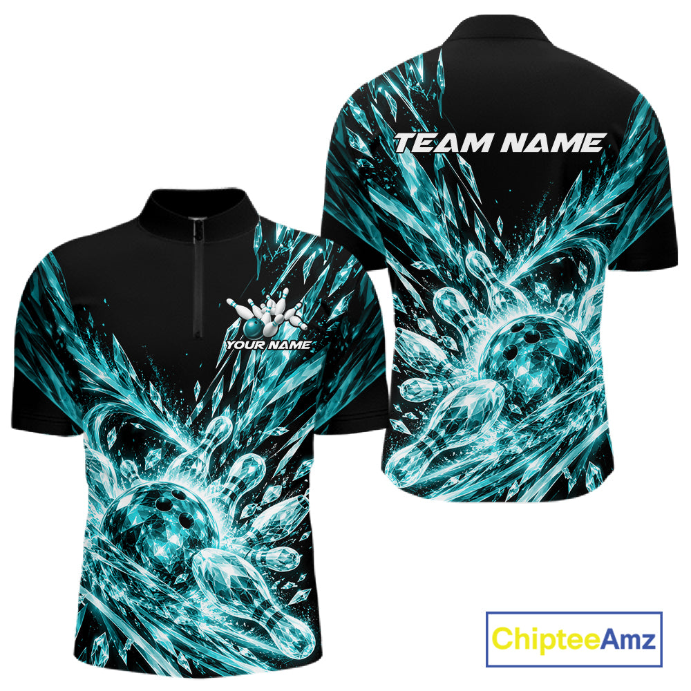 Aqua Blue Custom Crystal Ice Bowling Team Men Quarter Zip Shirt, Bowling Tournament Jersey IPHW12437