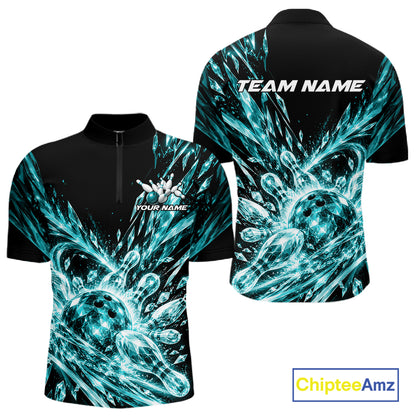 Aqua Blue Custom Crystal Ice Bowling Team Men Quarter Zip Shirt, Bowling Tournament Jersey IPHW12437