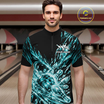 Aqua Blue Custom Crystal Ice Bowling Team Men Quarter Zip Shirt, Bowling Tournament Jersey IPHW12437