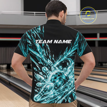 Aqua Blue Custom Crystal Ice Bowling Team Men Quarter Zip Shirt, Bowling Tournament Jersey IPHW12437