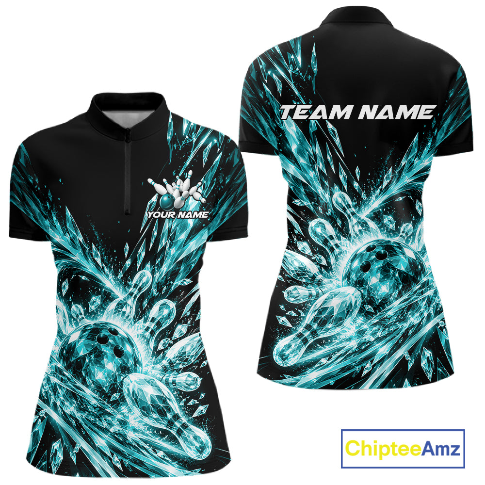 Aqua Blue Custom Crystal Ice Bowling Women Quarter-Zip Shirt, Bowling Tournament Jersey IPHW12437