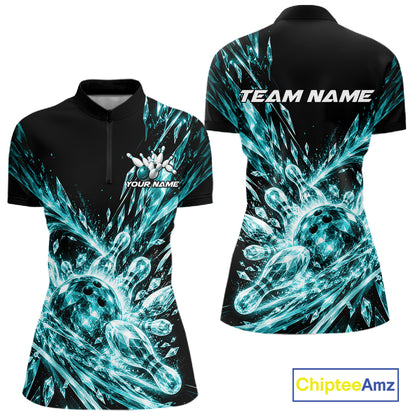 Aqua Blue Custom Crystal Ice Bowling Women Quarter-Zip Shirt, Bowling Tournament Jersey IPHW12437