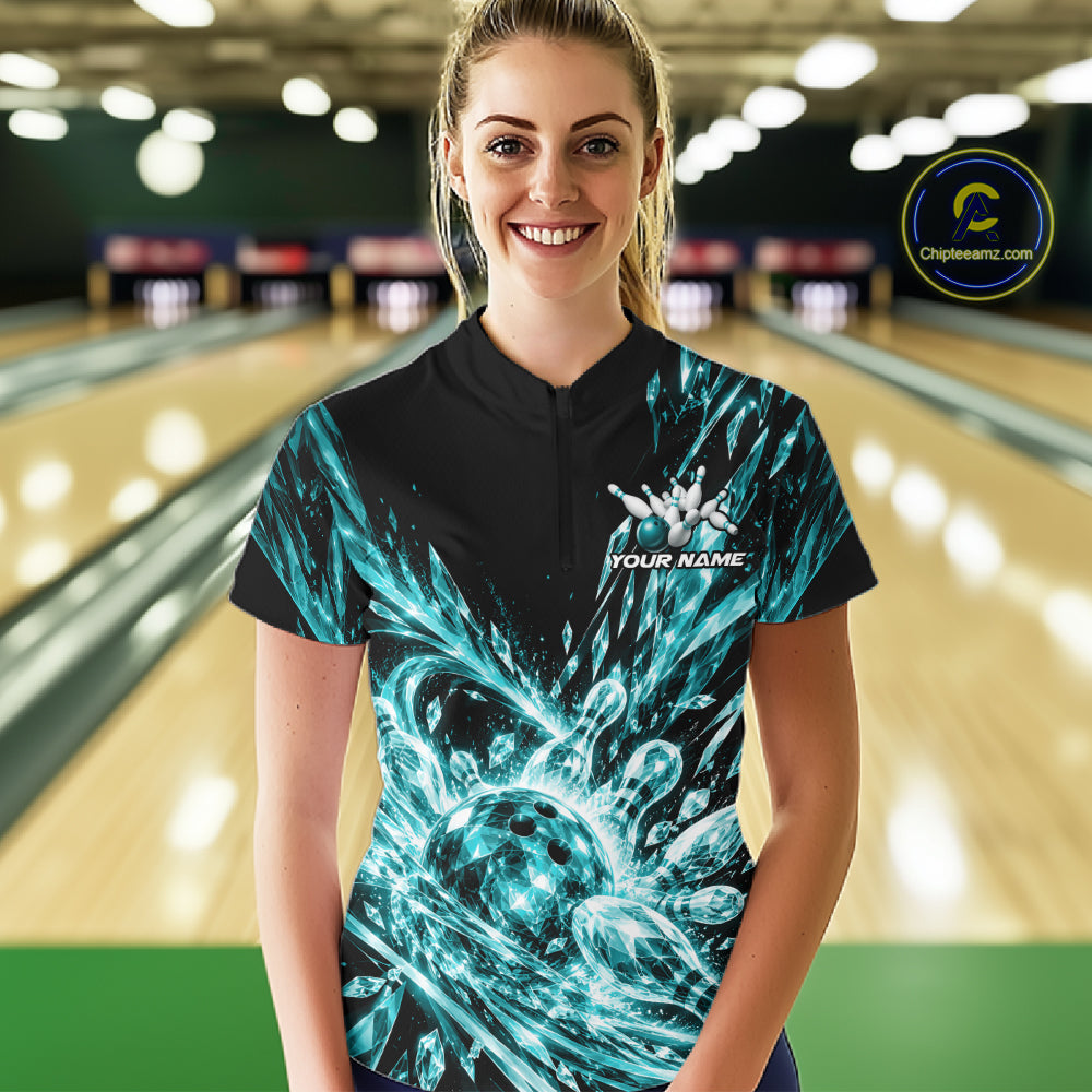 Aqua Blue Custom Crystal Ice Bowling Women Quarter-Zip Shirt, Bowling Tournament Jersey IPHW12437