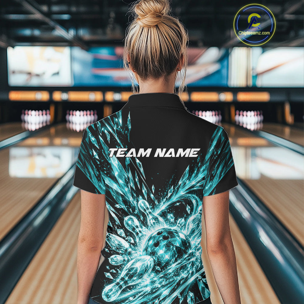 Aqua Blue Custom Crystal Ice Bowling Women Quarter-Zip Shirt, Bowling Tournament Jersey IPHW12437