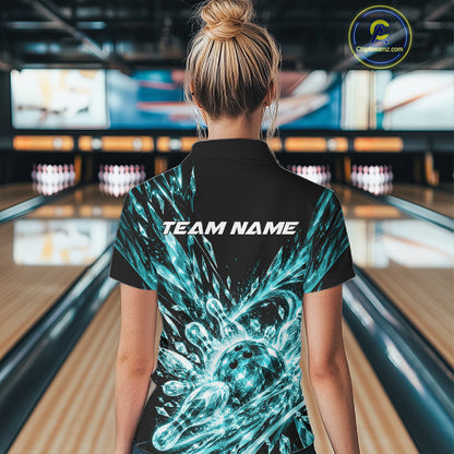 Aqua Blue Custom Crystal Ice Bowling Women Quarter-Zip Shirt, Bowling Tournament Jersey IPHW12437