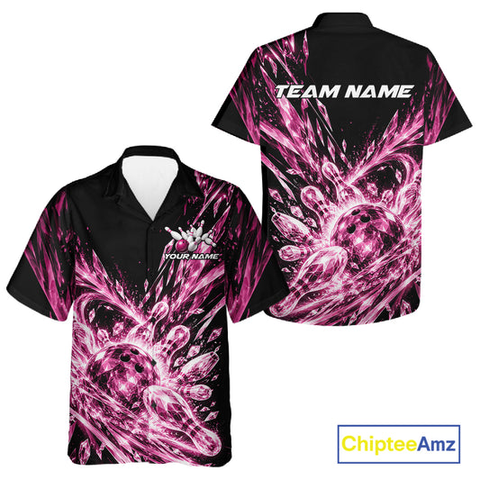 Icy Pink Custom Crystal Ice Bowling Team Men And Women Button Up Shirt, Bowling Tournament Jersey IPHW12438