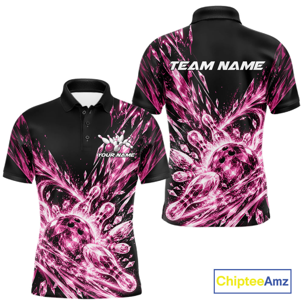 Icy Pink Custom Crystal Ice Bowling Team Men Polo Shirt, Bowling Tournament Jersey IPHW12438