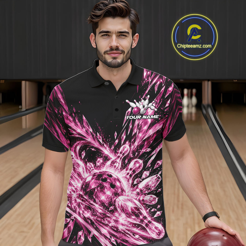 Icy Pink Custom Crystal Ice Bowling Team Men Polo Shirt, Bowling Tournament Jersey IPHW12438