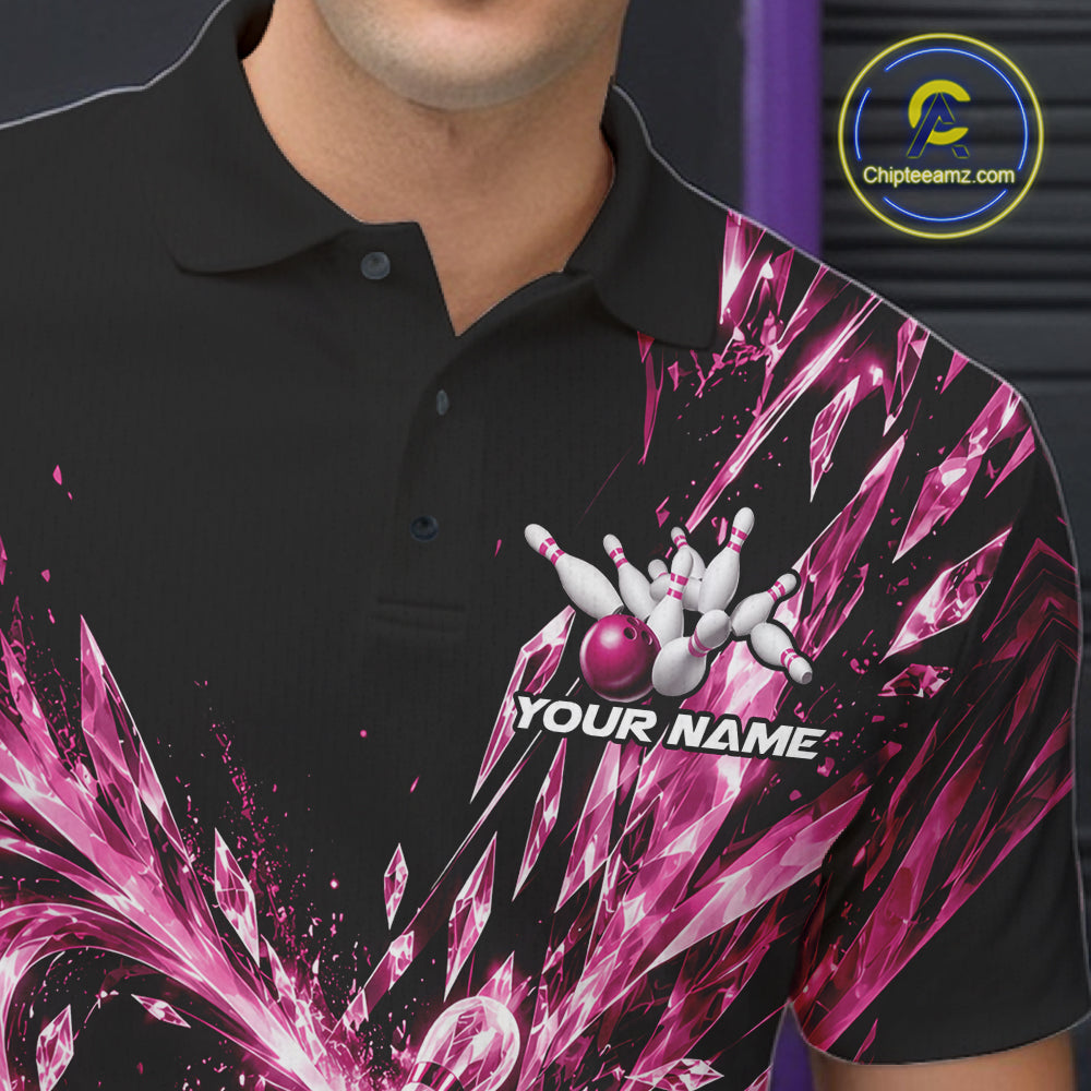 Icy Pink Custom Crystal Ice Bowling Team Men Polo Shirt, Bowling Tournament Jersey IPHW12438