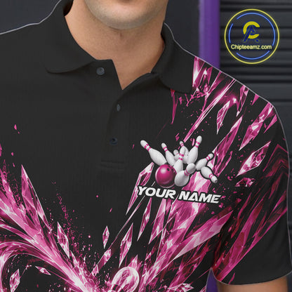 Icy Pink Custom Crystal Ice Bowling Team Men Polo Shirt, Bowling Tournament Jersey IPHW12438