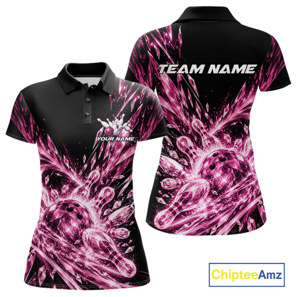 Icy Pink Custom Crystal Ice Bowling Team Women Polo Shirt, Bowling Tournament Jersey IPHW12438