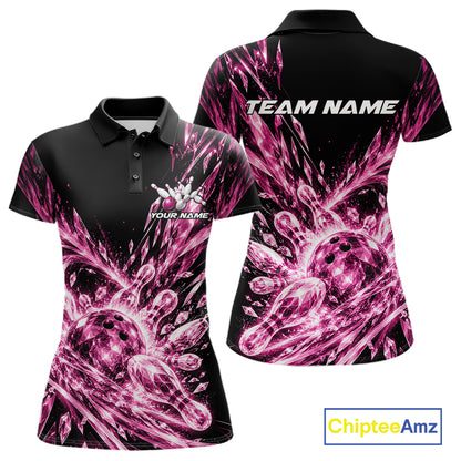 Icy Pink Custom Crystal Ice Bowling Team Women Polo Shirt, Bowling Tournament Jersey IPHW12438