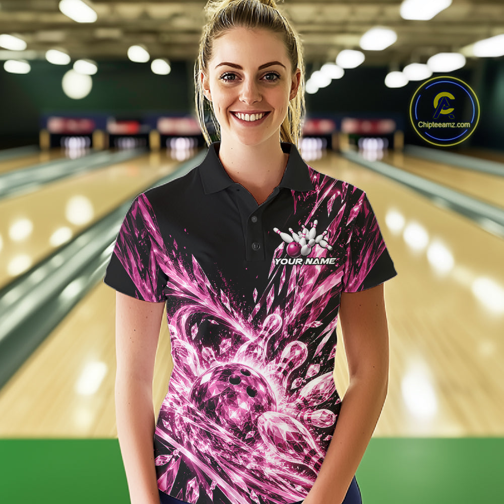 Icy Pink Custom Crystal Ice Bowling Team Women Polo Shirt, Bowling Tournament Jersey IPHW12438