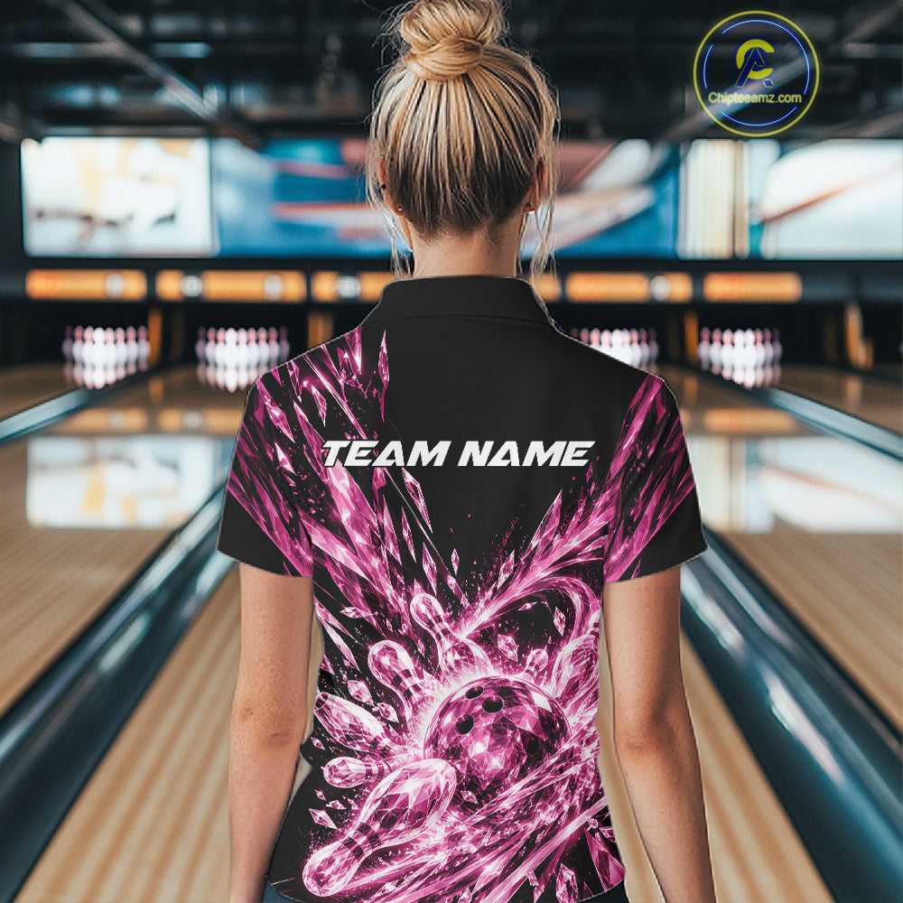 Icy Pink Custom Crystal Ice Bowling Team Women Polo Shirt, Bowling Tournament Jersey IPHW12438