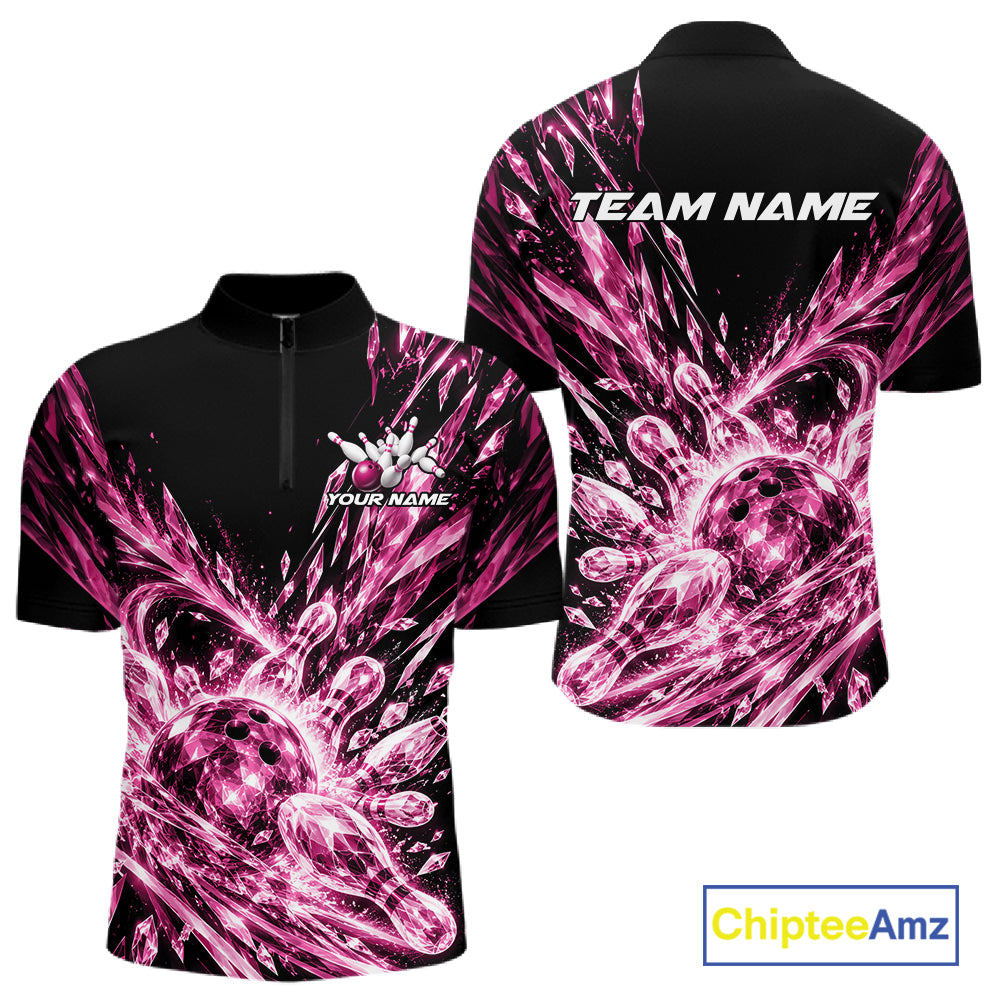 Icy Pink Custom Crystal Ice Bowling Team Men Quarter Zip Shirt, Bowling Tournament Jersey IPHW12438