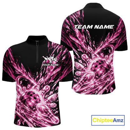 Icy Pink Custom Crystal Ice Bowling Team Men Quarter Zip Shirt, Bowling Tournament Jersey IPHW12438