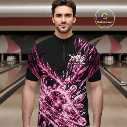 Icy Pink Custom Crystal Ice Bowling Team Men Quarter Zip Shirt, Bowling Tournament Jersey IPHW12438