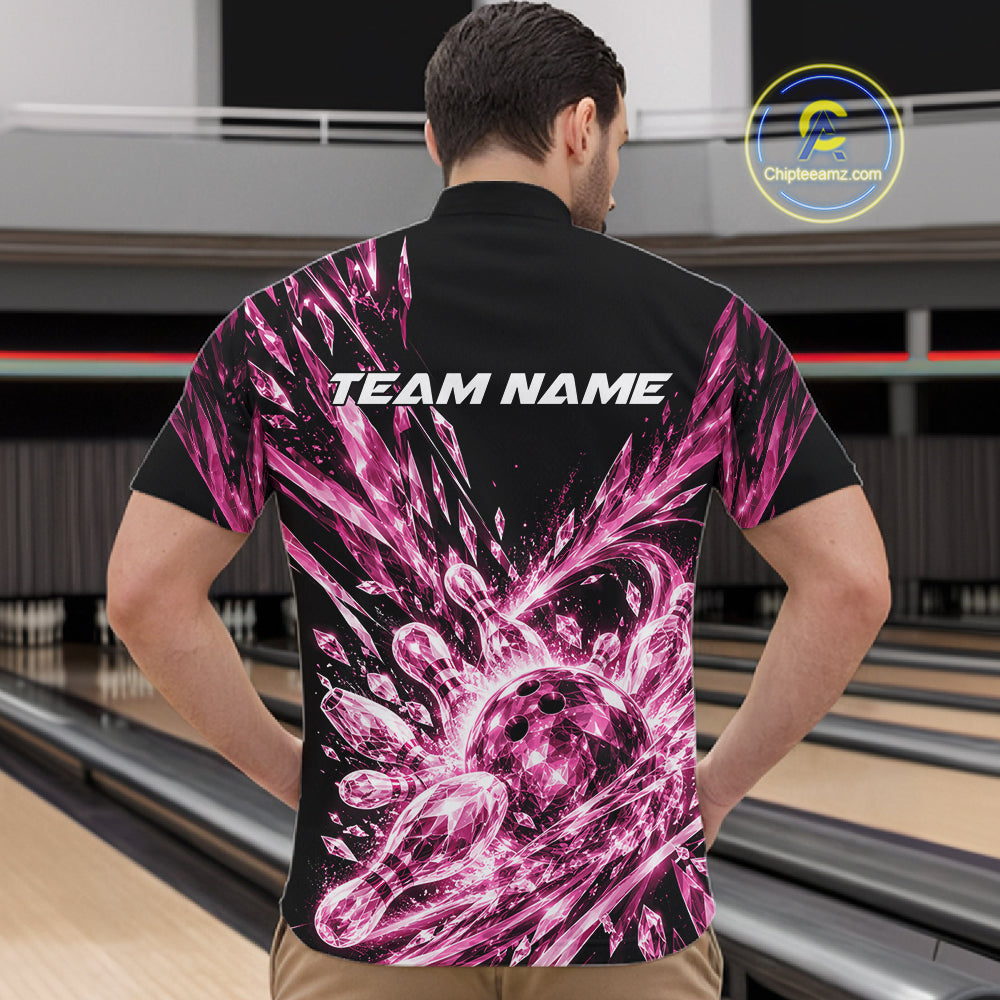 Icy Pink Custom Crystal Ice Bowling Team Men Quarter Zip Shirt, Bowling Tournament Jersey IPHW12438