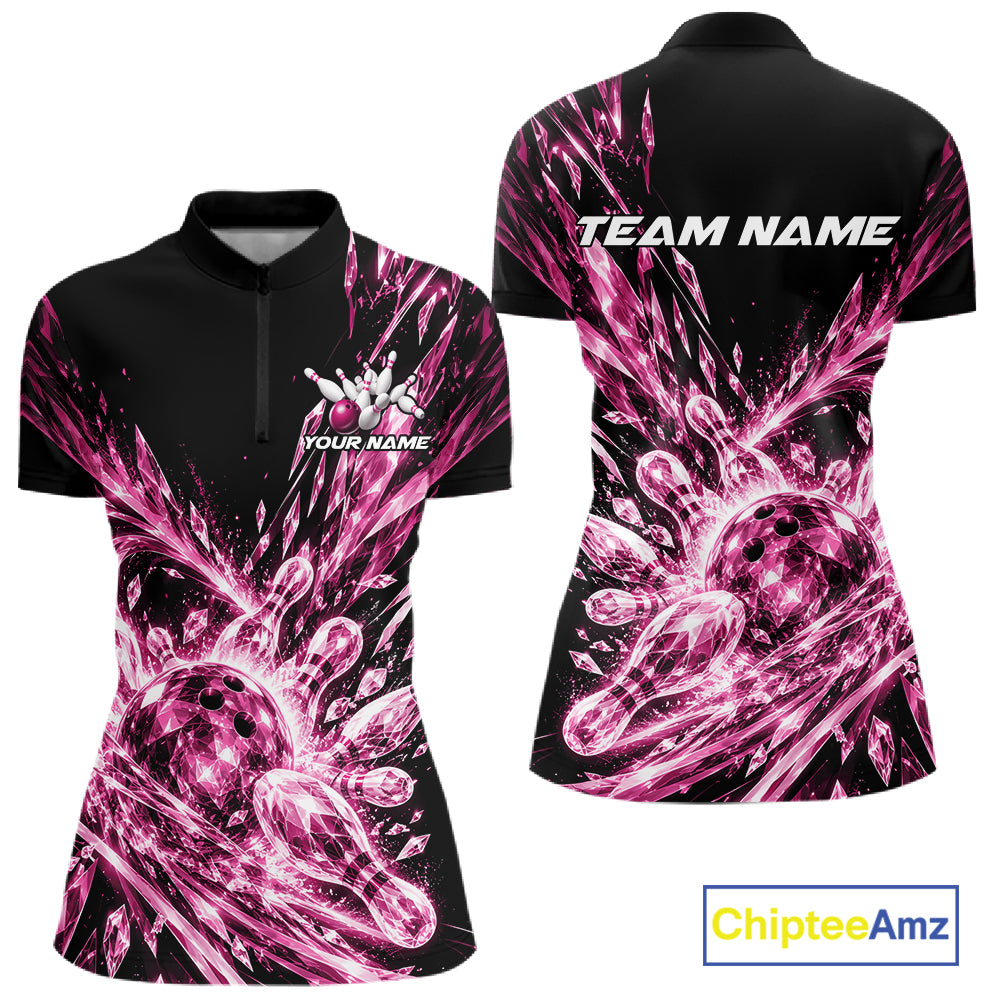 Icy Pink Custom Crystal Ice Bowling Women Quarter-Zip Shirt, Bowling Tournament Jersey IPHW12438