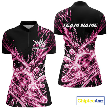 Icy Pink Custom Crystal Ice Bowling Women Quarter-Zip Shirt, Bowling Tournament Jersey IPHW12438