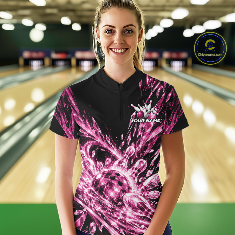 Icy Pink Custom Crystal Ice Bowling Women Quarter-Zip Shirt, Bowling Tournament Jersey IPHW12438