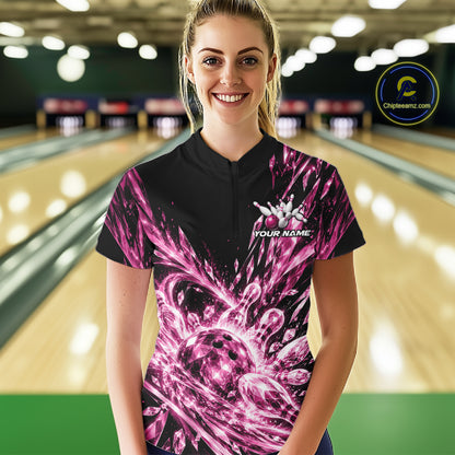 Icy Pink Custom Crystal Ice Bowling Women Quarter-Zip Shirt, Bowling Tournament Jersey IPHW12438