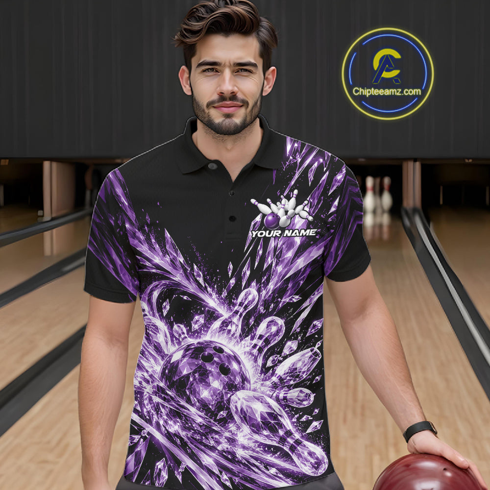 Icy Purple Custom Crystal Ice Bowling Team Men Polo Shirt, Bowling Tournament Jersey IPHW12439