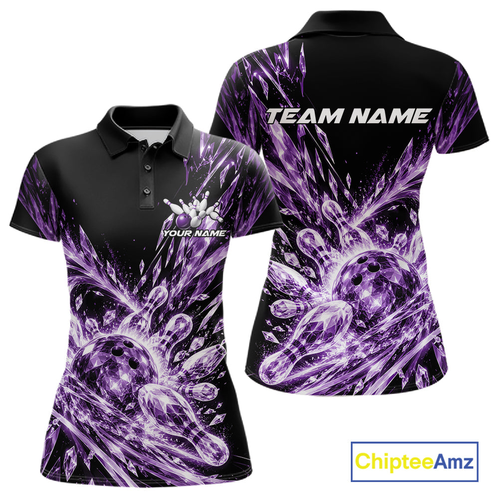 Icy Purple Custom Crystal Ice Bowling Team Women Polo Shirt, Bowling Tournament Jersey IPHW12439