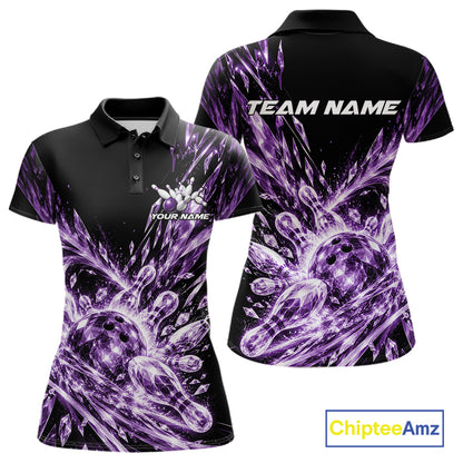 Icy Purple Custom Crystal Ice Bowling Team Women Polo Shirt, Bowling Tournament Jersey IPHW12439