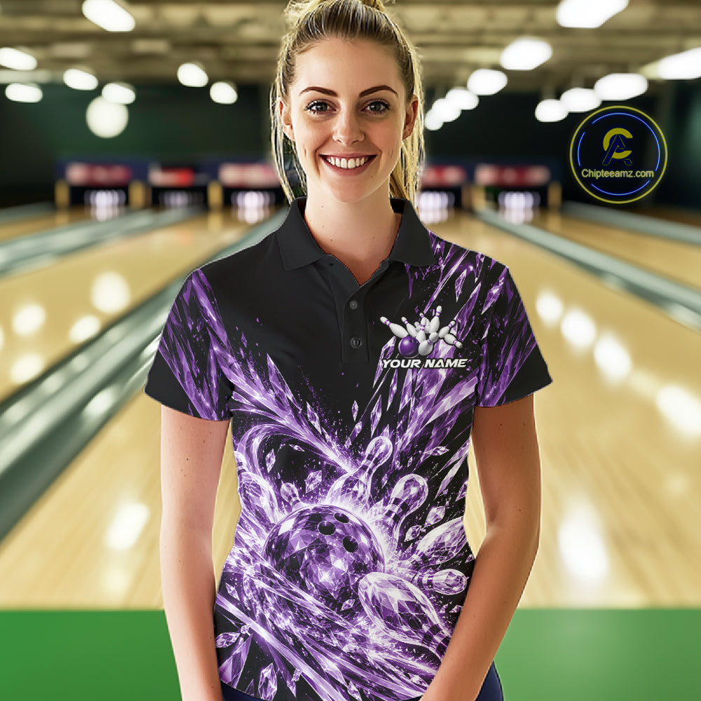 Icy Purple Custom Crystal Ice Bowling Team Women Polo Shirt, Bowling Tournament Jersey IPHW12439