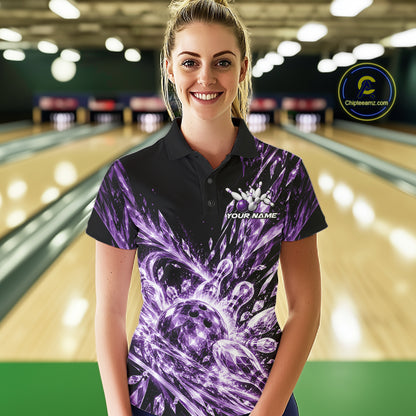 Icy Purple Custom Crystal Ice Bowling Team Women Polo Shirt, Bowling Tournament Jersey IPHW12439