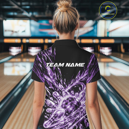 Icy Purple Custom Crystal Ice Bowling Team Women Polo Shirt, Bowling Tournament Jersey IPHW12439