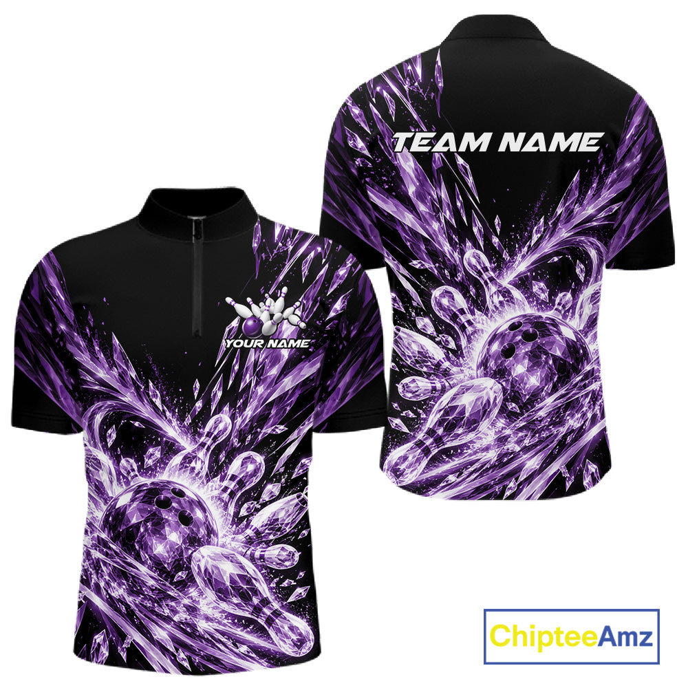 Icy Purple Custom Crystal Ice Bowling Team Men Quarter Zip Shirt, Bowling Tournament Jersey IPHW12439