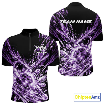 Icy Purple Custom Crystal Ice Bowling Team Men Quarter Zip Shirt, Bowling Tournament Jersey IPHW12439