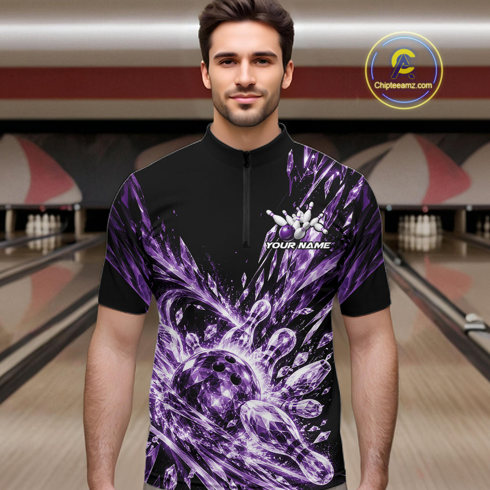 Icy Purple Custom Crystal Ice Bowling Team Men Quarter Zip Shirt, Bowling Tournament Jersey IPHW12439