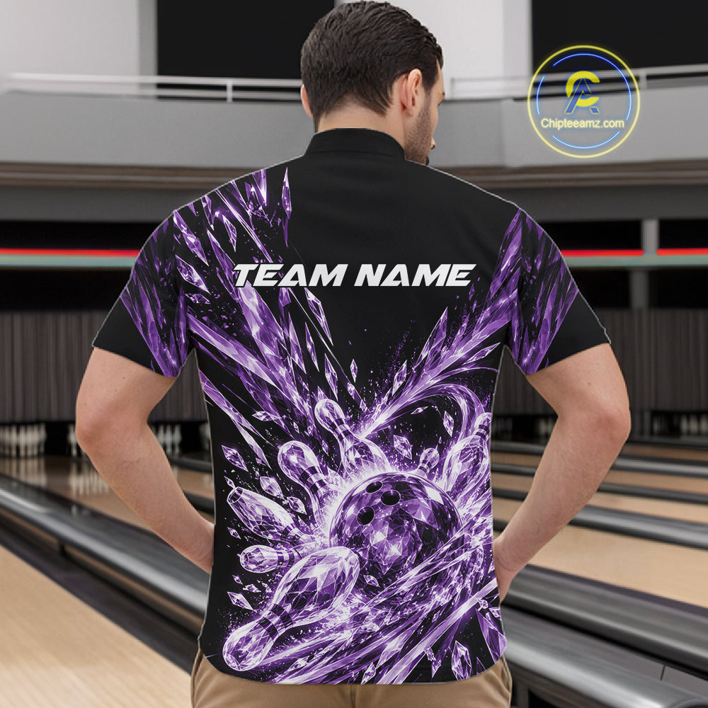 Icy Purple Custom Crystal Ice Bowling Team Men Quarter Zip Shirt, Bowling Tournament Jersey IPHW12439