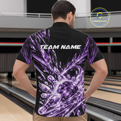 Icy Purple Custom Crystal Ice Bowling Team Men Quarter Zip Shirt, Bowling Tournament Jersey IPHW12439