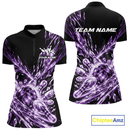 Icy Purple Custom Crystal Ice Bowling Women Quarter-Zip Shirt, Bowling Tournament Jersey IPHW12439