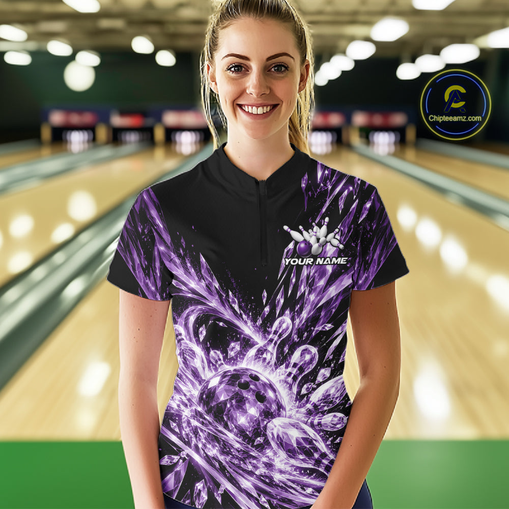 Icy Purple Custom Crystal Ice Bowling Women Quarter-Zip Shirt, Bowling Tournament Jersey IPHW12439