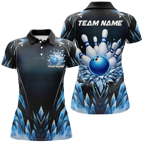 Custom Blue Icy Bowling Shirts For Women, Icy Crystaline Bowling Team Shirt Bowler Outfits IPHW7892