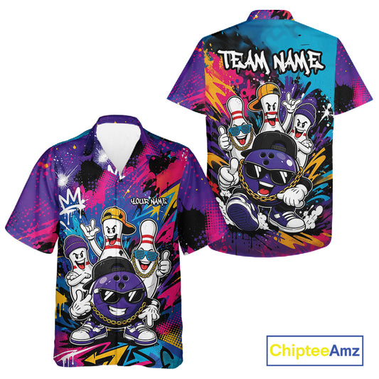 A short-sleeve button-up shirt shown from both front and back on a white background. The shirt features a colorful graffiti-style print with a purple bowling ball character, cartoon characters, paint splatters