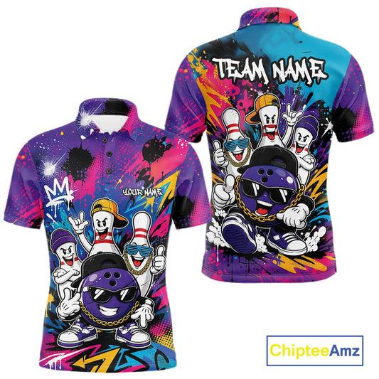 Front and back views of a short-sleeve polo shirt featuring a colorful graffiti-style graphic with cartoon bowling balls and bowling pins, plus 'TEAM NAME' text on the back