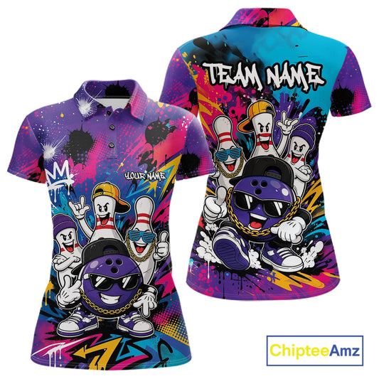 Front and back views of a women's short-sleeve polo shirt with a colorful graffiti-style bowling graphic. The shirt features cartoon bowling pins and balls with sunglasses, black paint splatters, and text including 'TEAM NAME' on the back and a custom placeholder on the front.