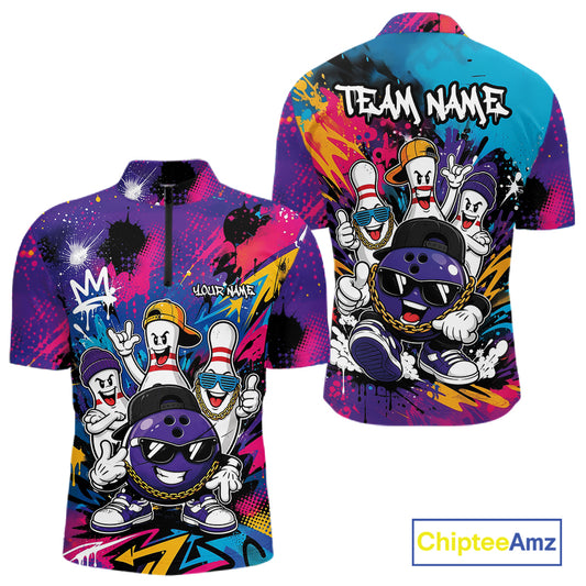 Front and back views of a short-sleeve quarter zip bowling shirt with a colorful graffiti-style graphic featuring cartoon bowling pins, bowling balls