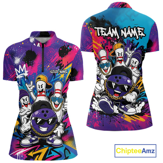 Front and back views of a womens short-sleeve quarter-zip shirt with a vibrant multicolor bowling-themed graphic print. The shirt features cartoon bowling balls and pins with sunglasses, gold chains, and a purple bowling ball at the center.
