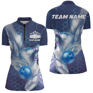 Custom Blue Striking Bowling Shirts For Women, Bowling League Shirts Bowling Team Jerseys IPHW7665