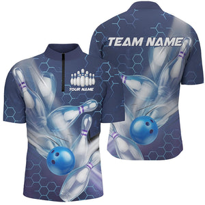 Custom Blue Striking Bowling Shirts For Men, Bowling League Shirts Bowling Team Jerseys IPHW7665