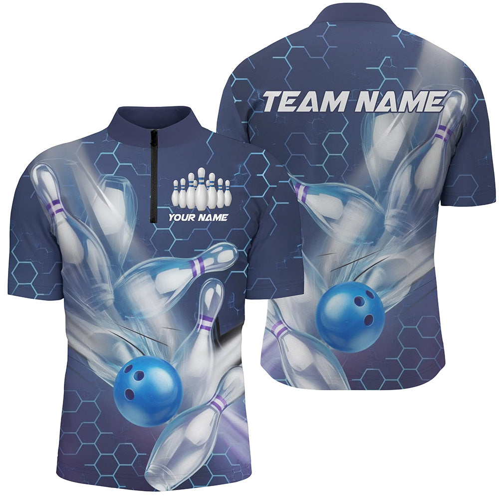 Custom Blue Striking Bowling Shirts For Men, Bowling League Shirts Bowling Team Jerseys IPHW7665