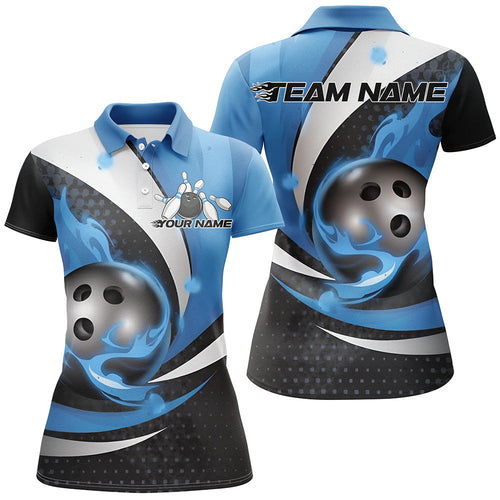 Black And Blue Flame Custom Bowling Shirts For Women, Bowling League Shirts Bowler Outfits IPHW7667