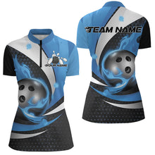 Load image into Gallery viewer, Black And Blue Flame Custom Bowling Shirts For Women, Bowling League Shirts Bowler Outfits IPHW7667